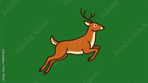 Deer leaping across a green background, wildlife illustration.