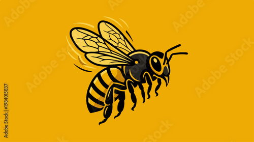 Detailed illustration of a flying bee on a vibrant yellow background.