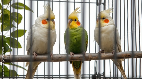 Three colorful cockatiels perched on a metal cage bar together