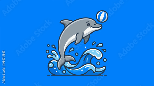 Dolphin leaping from ocean waves with a playful ball.