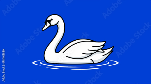 Elegant white swan gracefully floating on serene blue water surface.