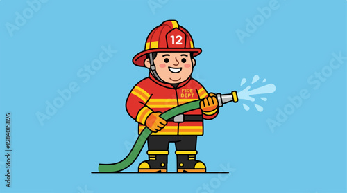 Firefighter in uniform holding a water hose and spraying water.