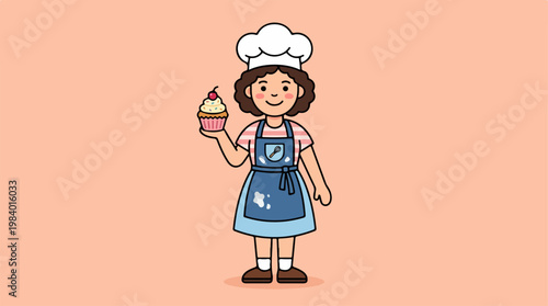 Happy baker girl holding a cupcake in her hand, smiling.