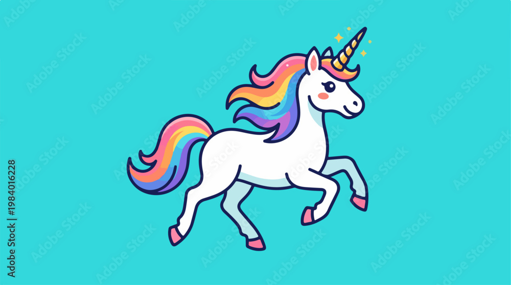 Fototapeta premium Magical Unicorn Galloping Across a Vibrant Blue Background.