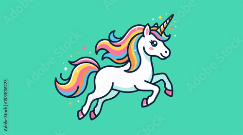 Magical unicorn with rainbow mane and tail on a teal background.