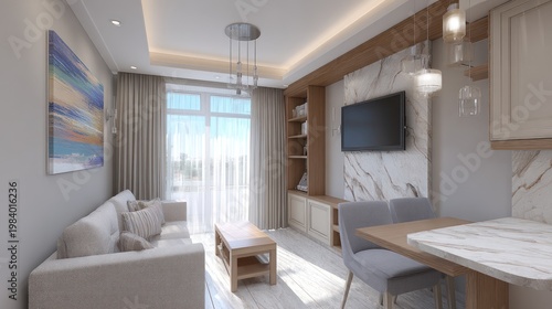 Modern apartment interior design with living room and dining area concept