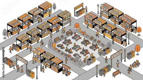 A vibrant festival event showcasing a flat vector illustration of a bustling office interior with various people working and socializing.