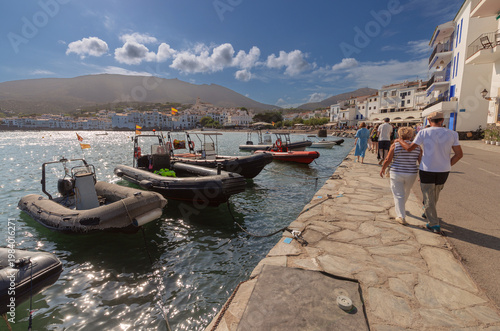 Harbor promenade with boats in Cadaques, Catalonia, Spain