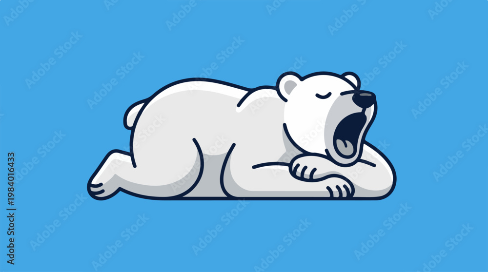 Fototapeta premium Sleeping polar bear cartoon illustration on a blue background.