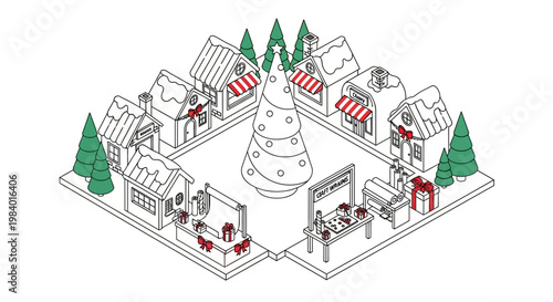 A festive holiday event takes place in a snowy flat vector town with people, houses, trees, and a large snowman at the center of the celebration.