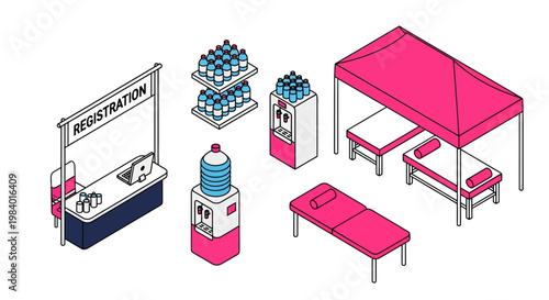 Festival event with registration booth, food, drinks, and flat vector illustrations of tables.