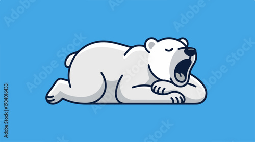 Sleeping polar bear cartoon illustration on a blue background.
