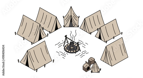 A group of people gather at a festival event with a campfire surrounded by flat vector tents.