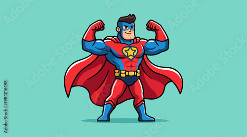 Strong Superhero Posing with Confidence and Power on a Light Blue Background.