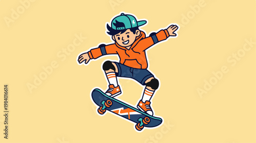 Young skateboarder performing a trick with a focused expression and skill.