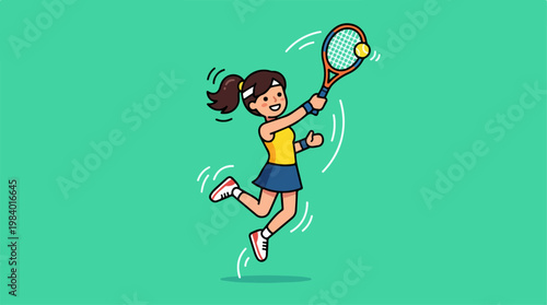 Young tennis player jumping to hit the ball with a racket.