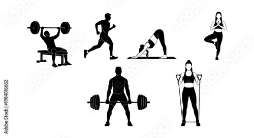 diverse people exercising and working out with weights and yoga poses