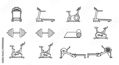 collection of line art icons for gym equipment and fitness
