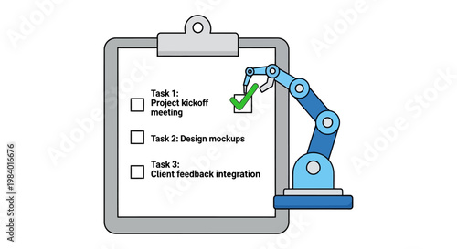 automation and a robotic arm checking off a task on a project management checklist symbolizing efficient task completion and progress