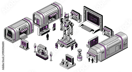 A futuristic festival event showcasing a robot surrounded by various flat vector machines and technology at an exhibition hall.