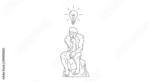the thinker contemplating a bright idea symbolizing inspiration creativity and problem solving in a minimalist line art illustration
