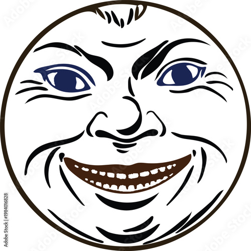 A classic happy moon face with exaggerated features and a wide grin expression