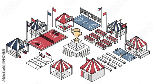 Flat vector illustration of a lively festival event with various tents and sports courts
