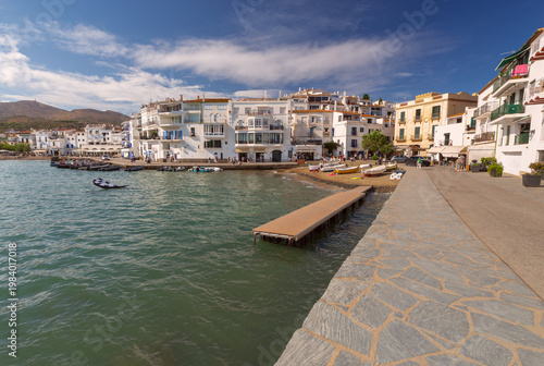 Harbor promenade with boats in Cadaques, Catalonia, Spain