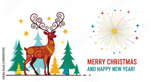 Decorative reindeer with intricate patterns and spiral antlers standing among pine trees next to a sunburst design.