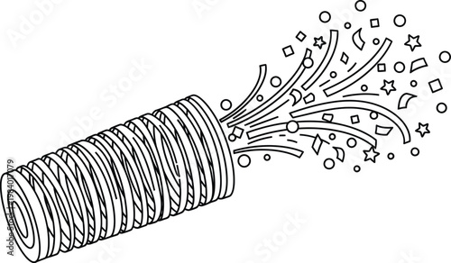 A black and white drawing of a coiled object exploding with confetti and stars