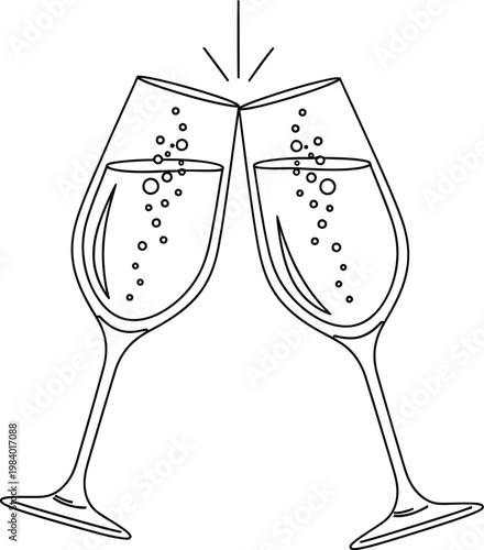 Two champagne flutes clinking together with bubbles rising