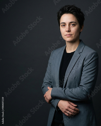 Confident Professional in Gray Blazer Studio Portrait on Dark Background