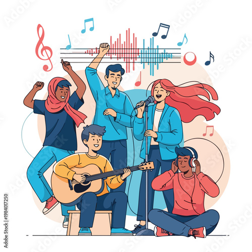 Diverse group of happy young musicians.