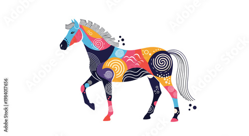 Stylized horse silhouette filled with vibrant colorful patterns including swirls and waves on a plain background.