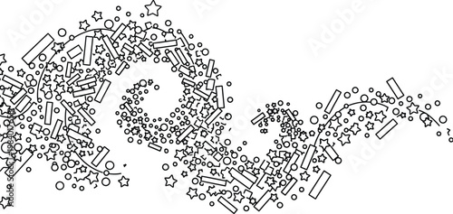 A black and white illustration of confetti and stars in various shapes and sizes scattered