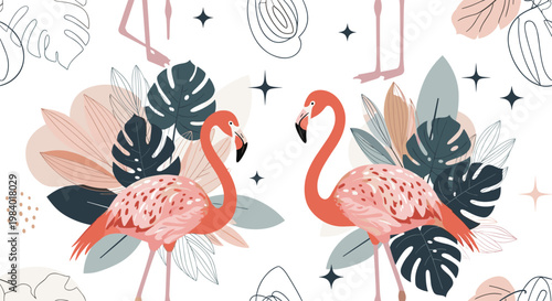 Seamless tropical pattern with pink flamingos standing among large green monstera leaves and other exotic foliage.