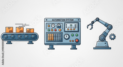 Automated Industrial Conveyor Belt Robotic Arm and Control Panel.