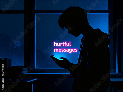 Conceptual Illustration of a Student Looking at Glowing Hurtful Messages on a Smartphone Symbolizing Cyberbullying