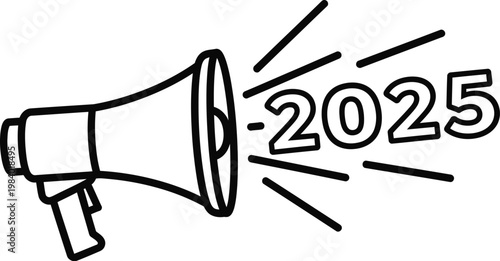 A black and white drawing of a megaphone announcing 2025