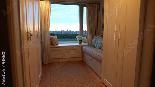 Interior view of a room with a window seat and cityscape backdrop