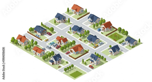 Isometric view of a suburban neighborhood with houses and streets.