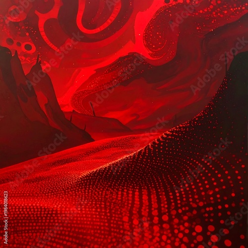 A red abstract artwork with swirling patterns and dotted textures