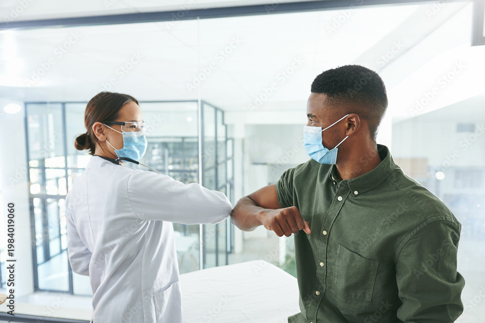 Fototapeta premium Doctor, greeting and man in hospital, elbow and healthcare policy for virus prevention. Medical service, patient and professional in clinic, compliance and scared with hello, face mask and protection