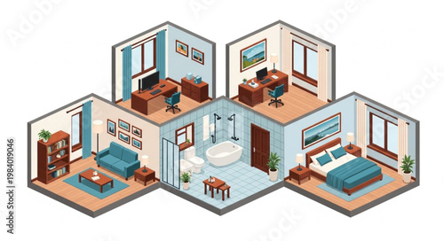 Isometric view of a modern apartment layout showing multiple rooms and furniture.