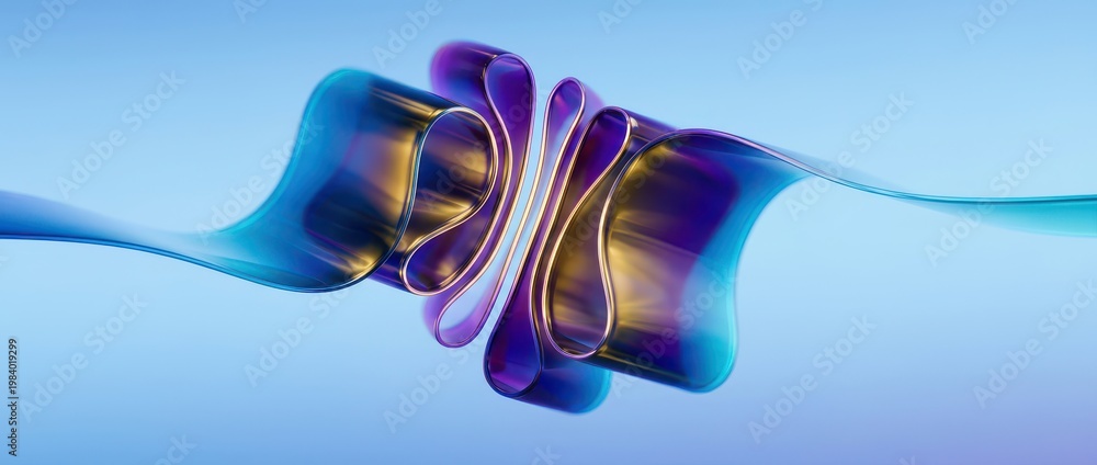 Obraz premium Abstract 3D Wide Colorful Silk Ribbon, Neon Blue Red Purple Gradient Reflective Gloss, Lilac Background Futuristic Smooth Digital Art