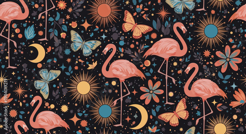 Seamless dark pattern featuring pink flamingos, colorful butterflies, suns, and moons among tropical foliage.