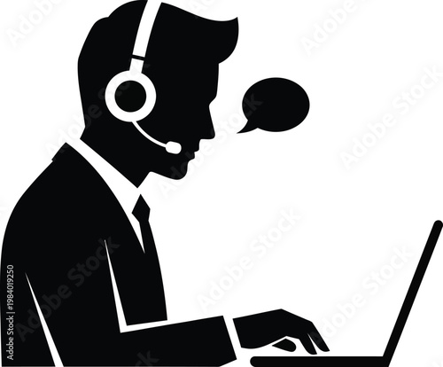Customer service representative assisting clients with a laptop and headset, communicating ideas through a speech bubble icon