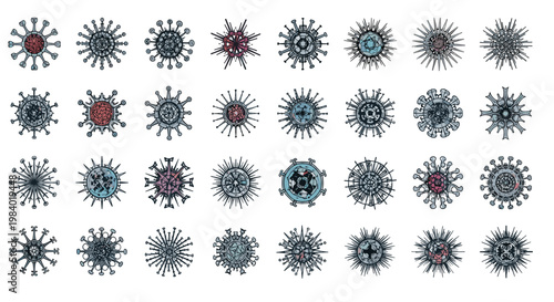 Comprehensive set of various virus and bacteria icons in different shapes and colors illustrating microorganisms and microscopic pathogens.