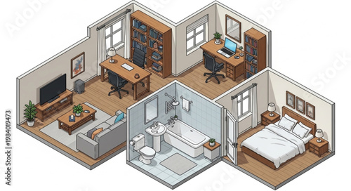Isometric view of a modern apartment layout with multiple rooms.