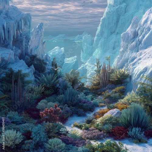 Frozen Ice Canyon Landscape with Blue Mountains